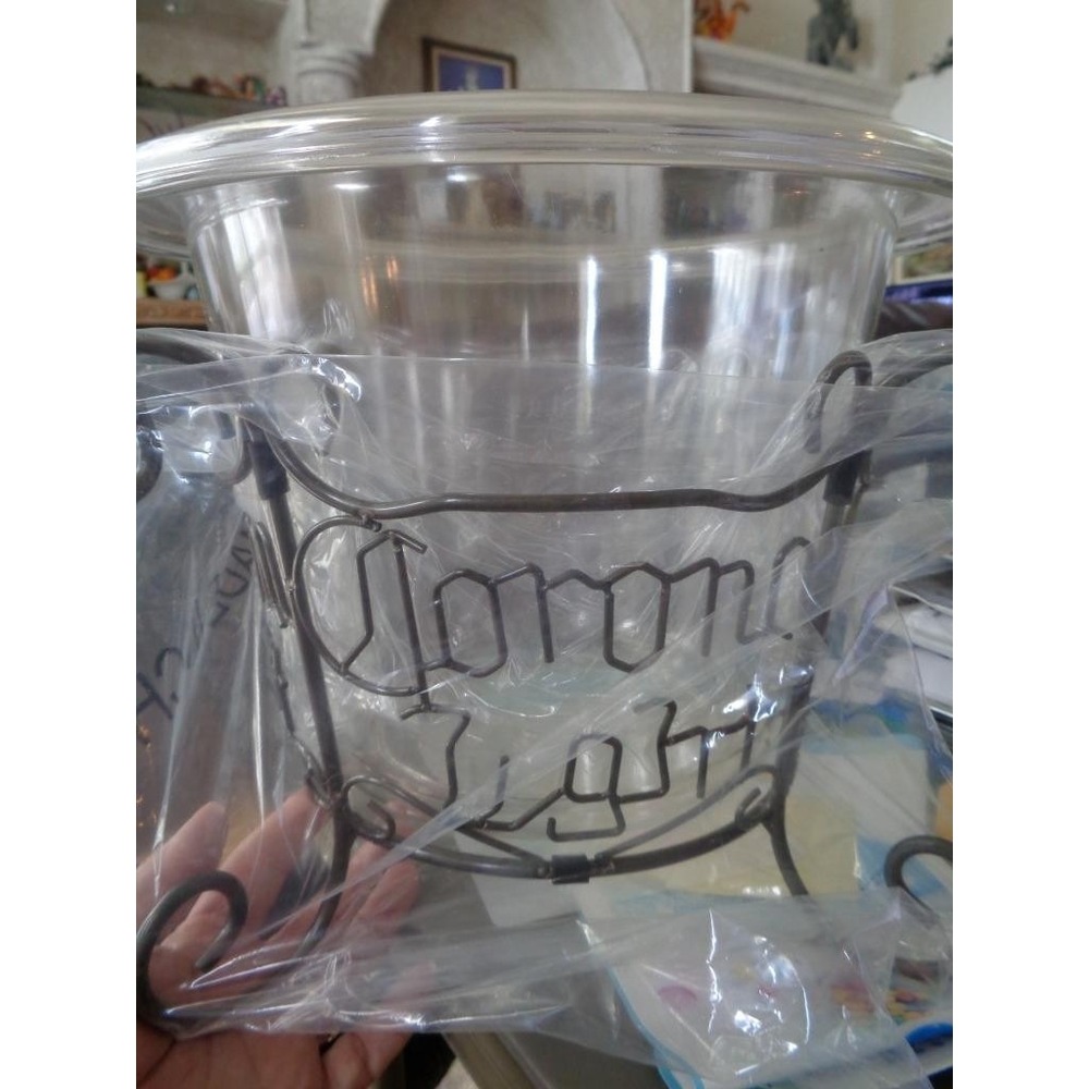 Corona Light Beer Bucket Clear Plastic with Wrought Iron Holder Frame Bar Ice